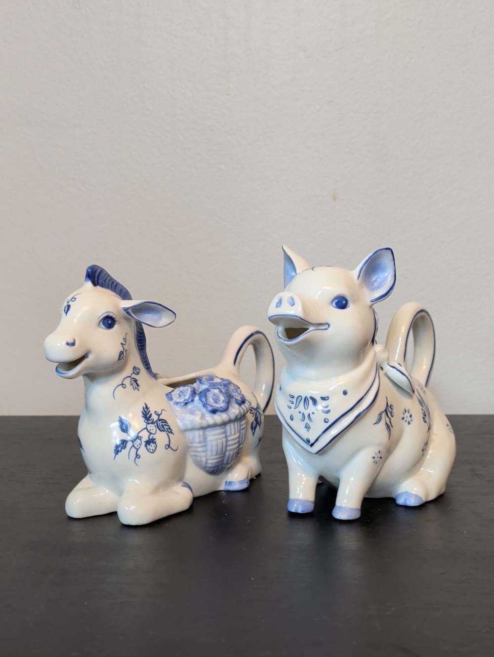 1986 Franklin Mint Country Friends Blue and White Ceramic Animal Creamer